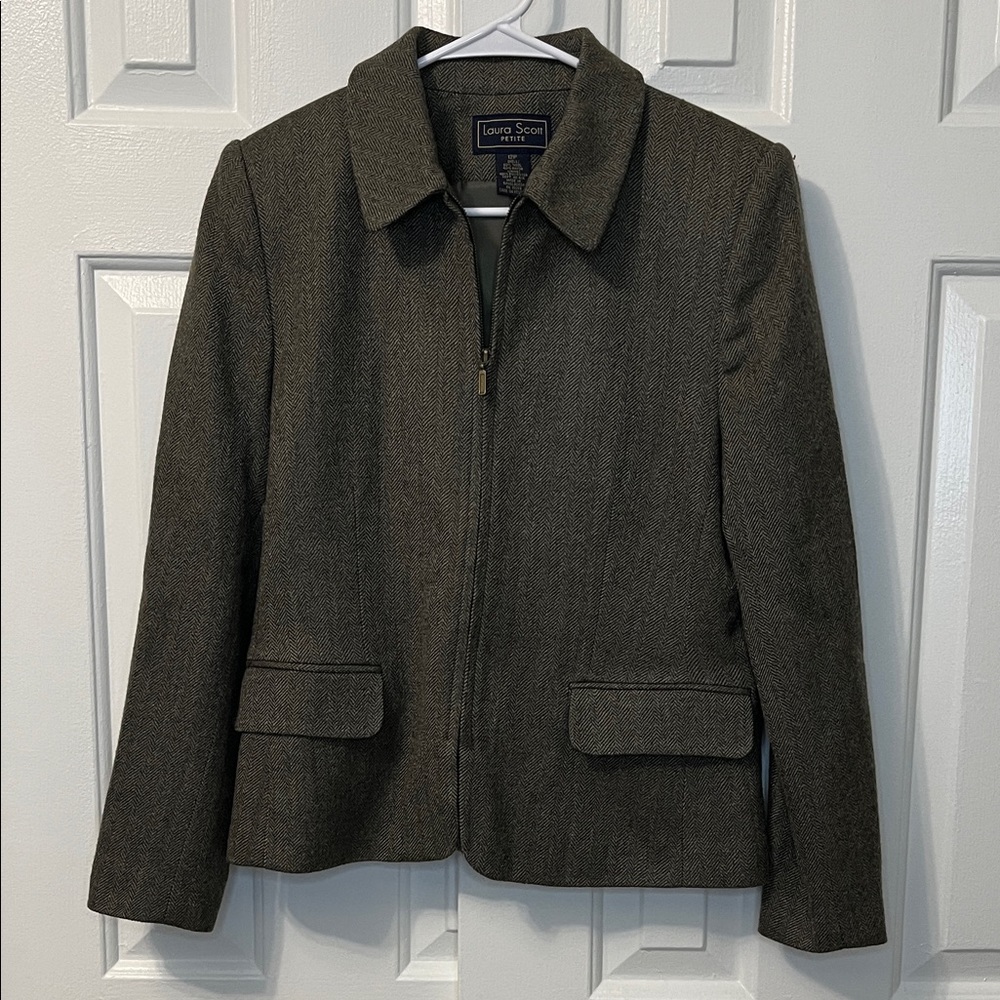 Women’s Blazer Laura Scott Petite Size 12P Wool Green‎ Jacket Zipper